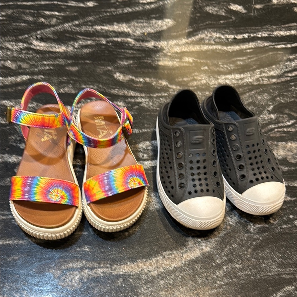 Skechers black rubber shoes and Mia colorful sandals